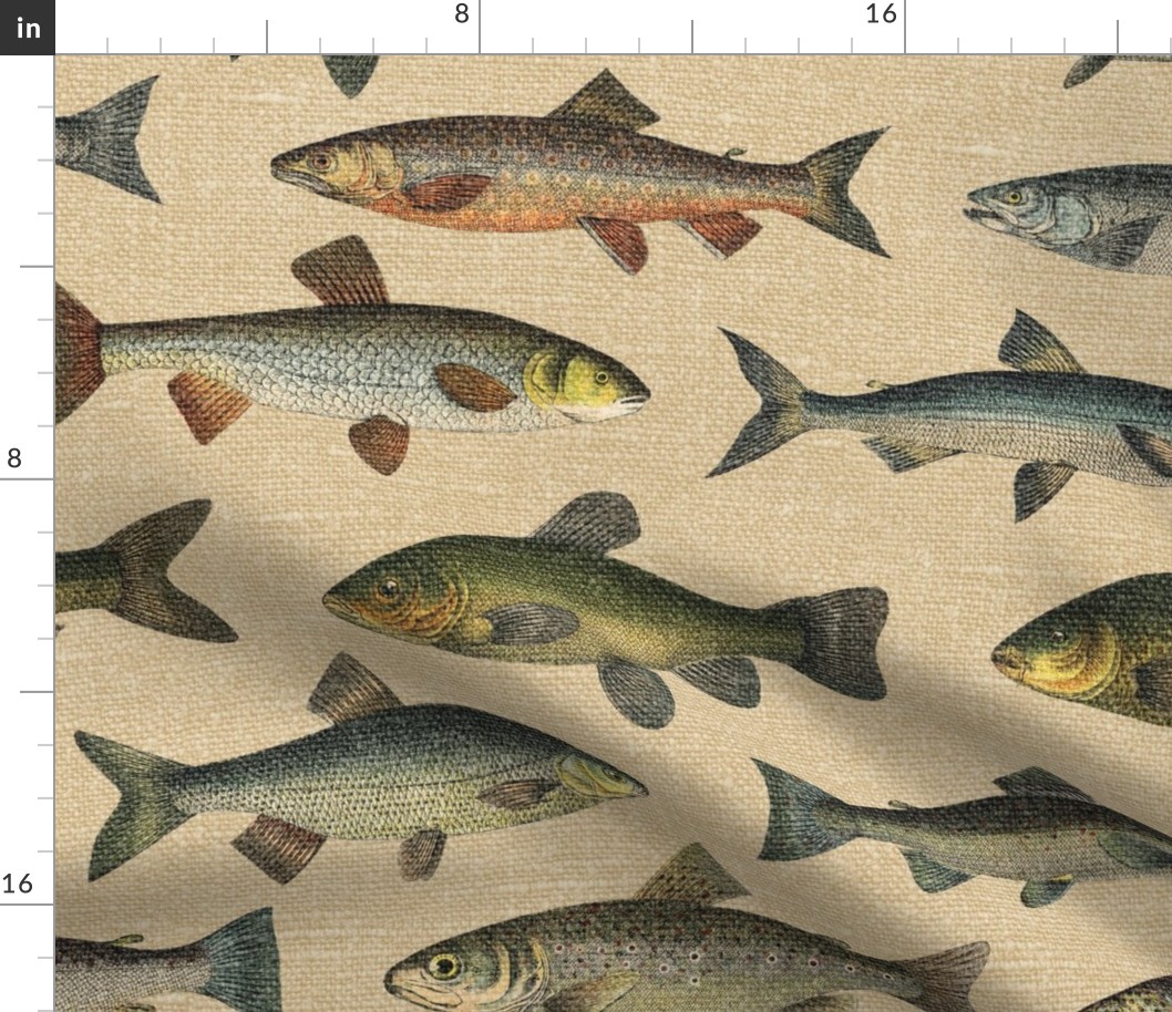 Vintage Fish on Camel Linen - large Fabric