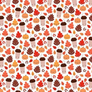 Kawaii autumn leaves and pumpkin spice latte love illustration pattern SMALL