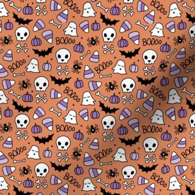 Pumpkins and bones ghosts skulls and skeleton halloween icons kids print orange purple lilac XS