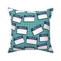 hello my name is...   (navy on teal and aqua gingham)