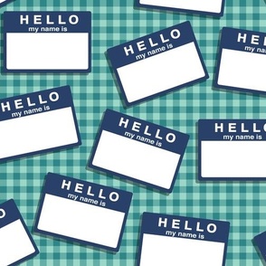 hello my name is...   (navy on teal and aqua gingham)