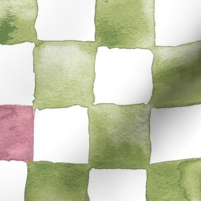 XL watercolor checkerboard - soft spring green with raspberry pink squares