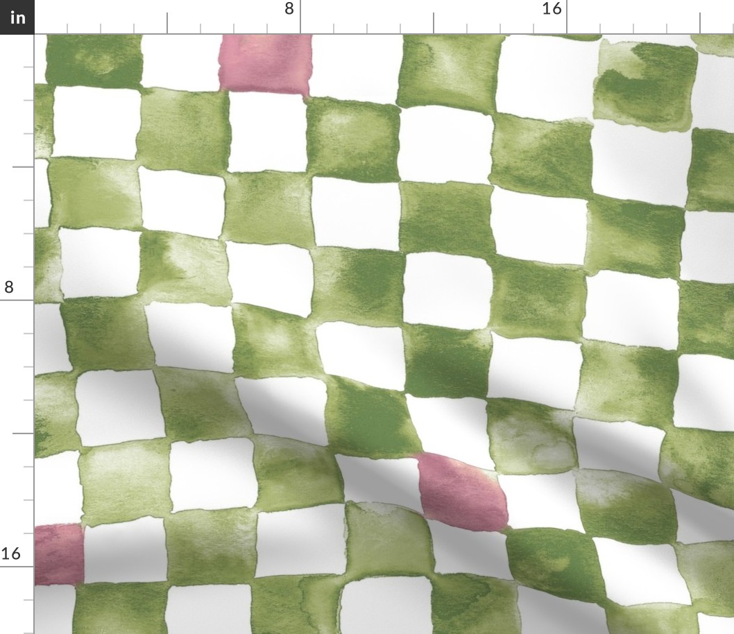 XL watercolor checkerboard - soft spring green with raspberry pink squares