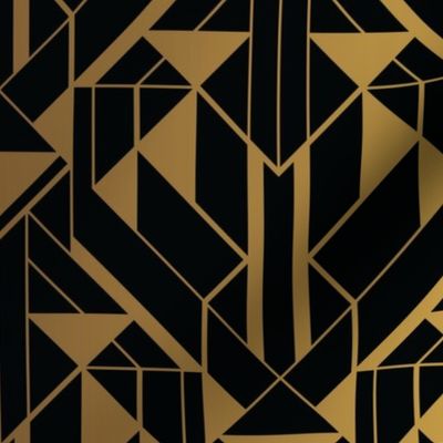 Black and Gold Faux Foil Vintage Art Deco Geometric Triangle Pattern 
