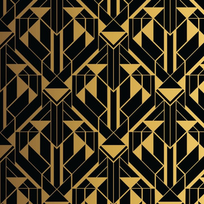 Black and Gold Faux Foil Vintage Art Deco Geometric Triangle Pattern 