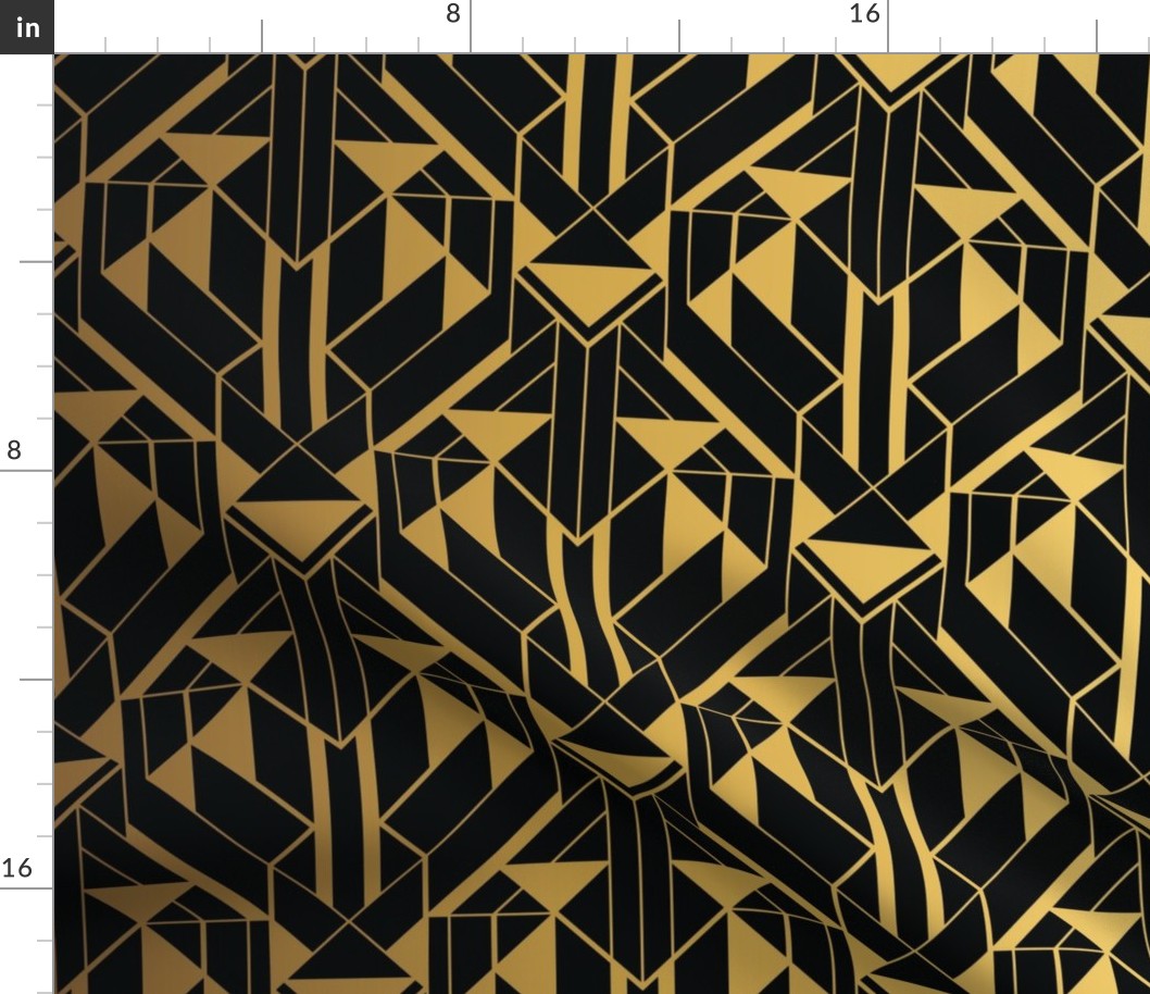 Black and Gold Faux Foil Vintage Art Deco Geometric Triangle Pattern 