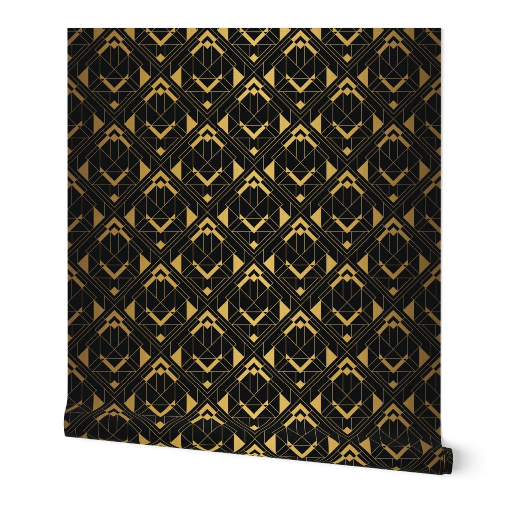 Black and Faux foil gold Vintage Art Deco Diagonal Diamond Geometric Repeat