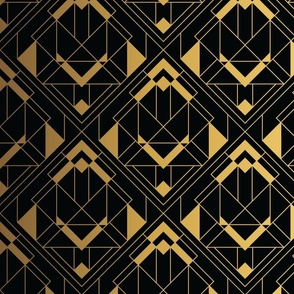 Black and Faux foil gold Vintage Art Deco Diagonal Diamond Geometric Repeat