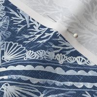 Nautical white & indigo, maritime, anchor, shells, crab, seahorse, lobster, corals