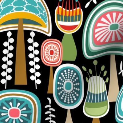 Colorful Retro Shrooms // Turquoise, Brown, Yellow, Red, Coral Pink, Khaki, Green, Black and White // Midmod Mushroom Wallpaper