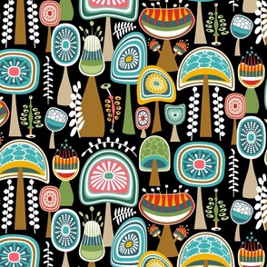 Colorful Retro Shrooms // Turquoise, Brown, Yellow, Red, Coral Pink, Khaki, Green, Black and White // Midmod Mushroom Wallpaper