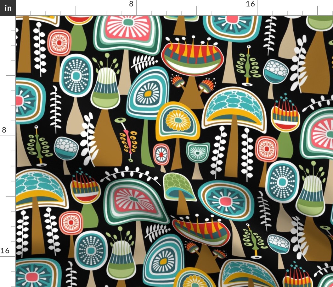 Colorful Retro Shrooms // Turquoise, Brown, Yellow, Red, Coral Pink, Khaki, Green, Black and White // Midmod Mushroom Wallpaper