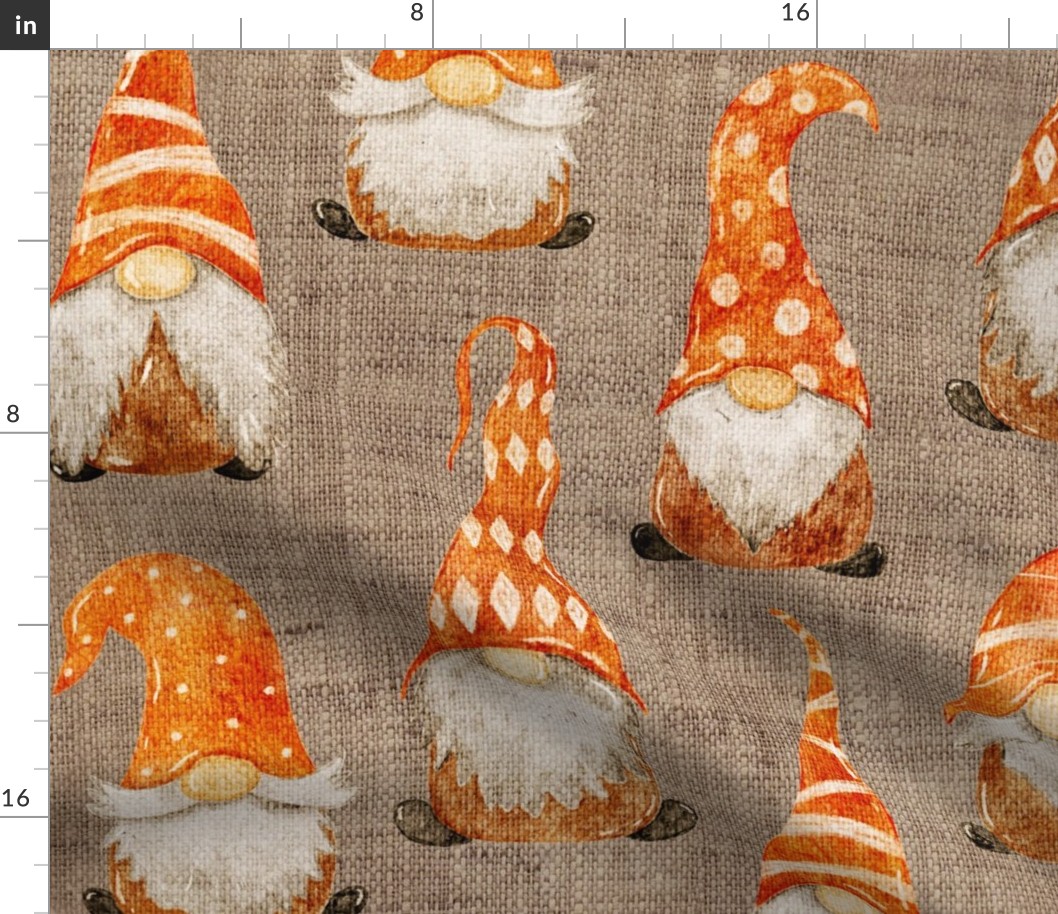 Tossed Watercolor Fall Gnomes Version 2 on burlap - large scale
