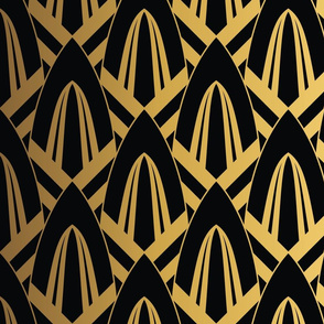 Faux foil gold on Black Retro Vintage Art Deco Geometric Cross-Hatched Cone Pattern 