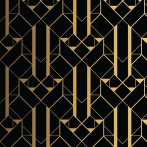 Black and Faux foil gold Vintage Art Deco Geometric Linear Repeat Pattern 