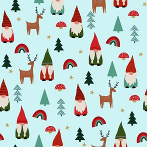 christmas gnome fabric - cute tomten pattern, christmas rainbows - aqua