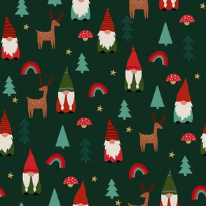 christmas gnome fabric - cute tomten pattern, christmas rainbows - green