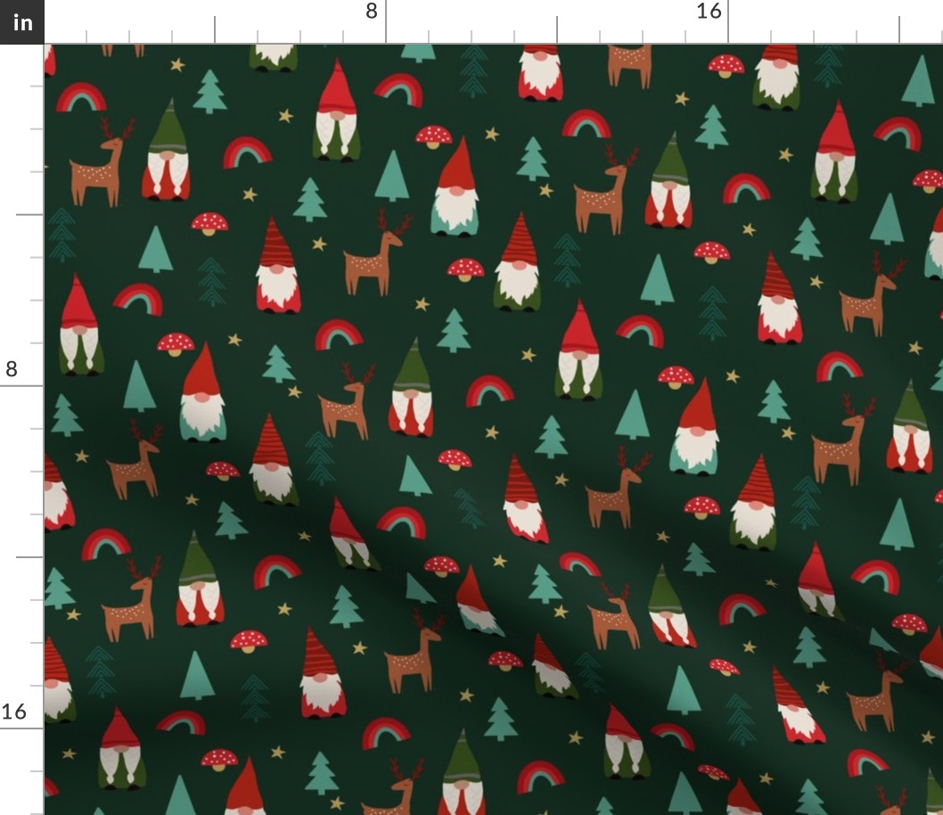 christmas gnome fabric - cute tomten pattern, christmas rainbows - green
