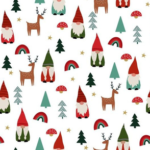 christmas gnome fabric - cute tomten pattern, christmas rainbows - white