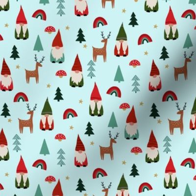 SMALL  christmas gnome fabric - cute tomten pattern, christmas rainbows - aqua
