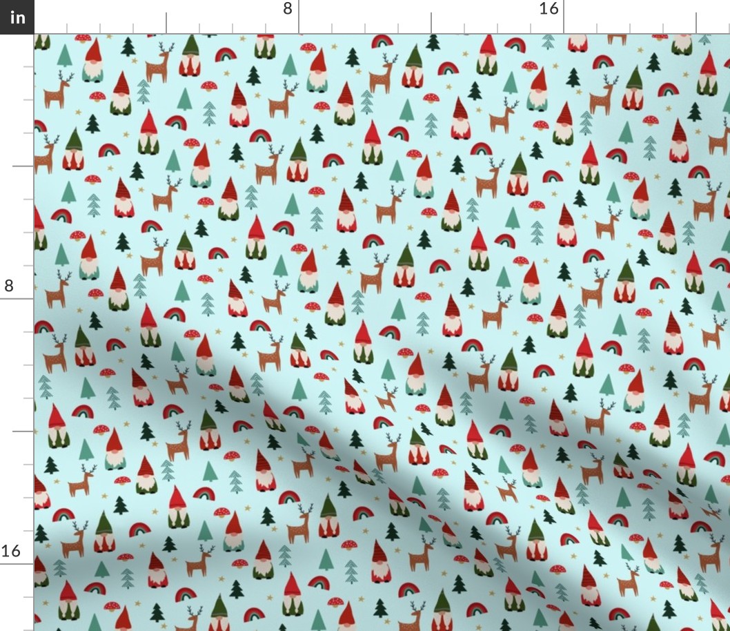 SMALL  christmas gnome fabric - cute tomten pattern, christmas rainbows - aqua