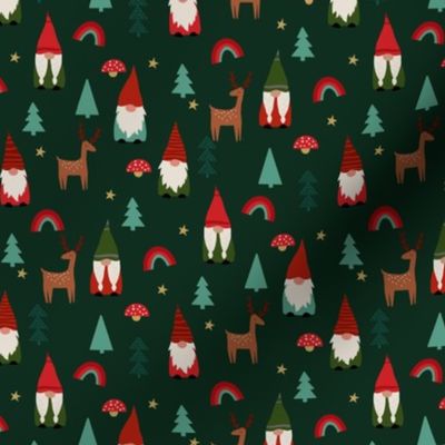 SMALL christmas gnome fabric - cute tomten pattern, christmas rainbows - green