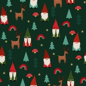 SMALL christmas gnome fabric - cute tomten pattern, christmas rainbows - green