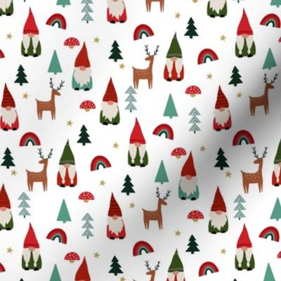 SMALL  christmas gnome fabric - cute tomten pattern, christmas rainbows - white