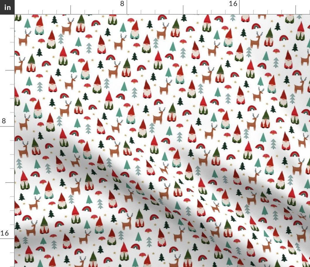 SMALL  christmas gnome fabric - cute tomten pattern, christmas rainbows - white