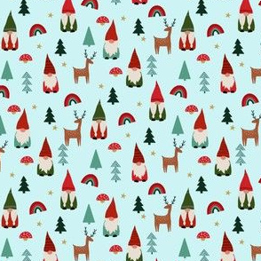 MINI christmas gnome fabric - cute tomten pattern, christmas rainbows - aqua