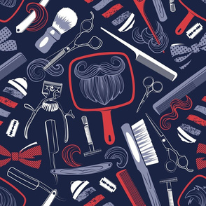 Normal scale // Shear shave shine // midnight blue background red white and blue vintage barber shop tools