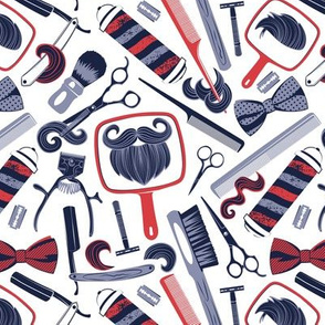 Small scale // Shear shave shine // white background red and blue vintage barber shop tools