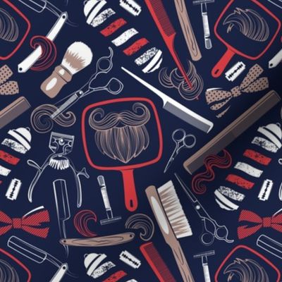 Small scale // Shear shave shine // midnight blue background white red and brown vintage barber shop tools