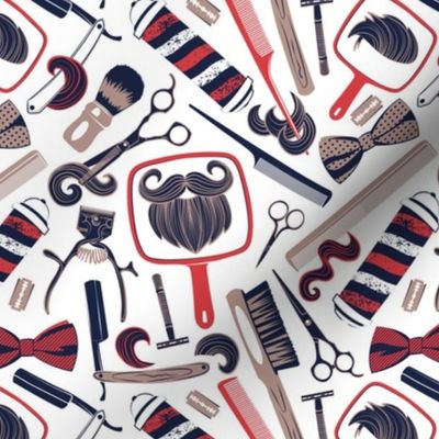 Small scale // Shear shave shine // white background red and brown vintage barber shop tools