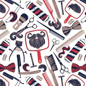 Small scale // Shear shave shine // white background red and brown vintage barber shop tools