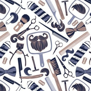 Small scale // Shear shave shine // white background blue and brown vintage barber shop tools