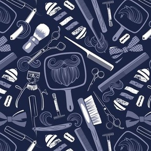 Small scale // Shear shave shine // midnight blue background white monochromatic blue vintage barber shop tools