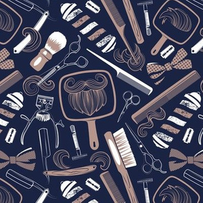 Small scale // Shear shave shine // midnight blue background white and brown vintage barber shop tools