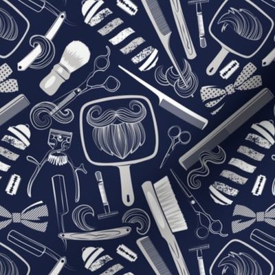 Small scale // Shear shave shine // midnight blue background white blue and grey vintage barber shop tools