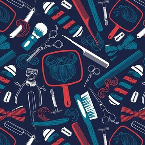 Small scale // Shear shave shine // midnight blue background white blue red and teal vintage barber shop tools