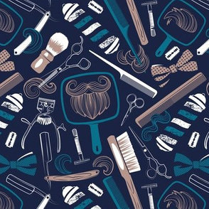 Small scale // Shear shave shine // midnight blue background white teal and brown vintage barber shop tools