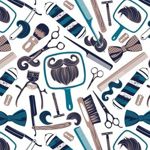 Small scale // Shear shave shine // white background blue teal and brown vintage barber shop tools