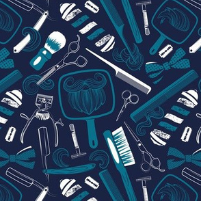 Small scale // Shear shave shine // midnight blue background monochromatic teal vintage barber shop tools