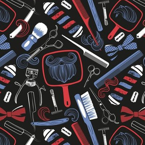 Small scale // Shear shave shine // black background white red and denim blue vintage barber shop tools