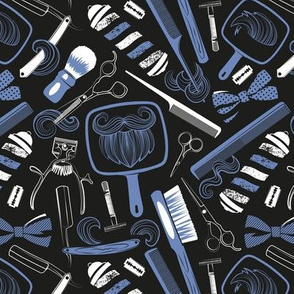 Small scale // Shear shave shine // black background white and denim blue vintage barber shop tools
