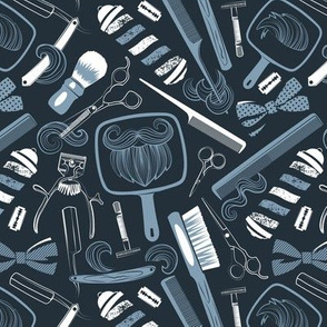 Small scale // Shear shave shine // dark grey background white and pale blue vintage barber shop tools