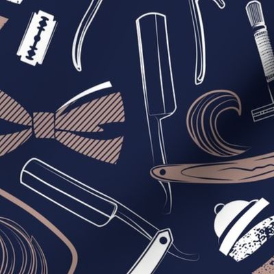 Normal scale // Shear shave shine // midnight blue background white and brown vintage barber shop tools