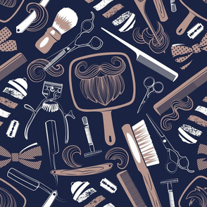 Normal scale // Shear shave shine // midnight blue background white and brown vintage barber shop tools