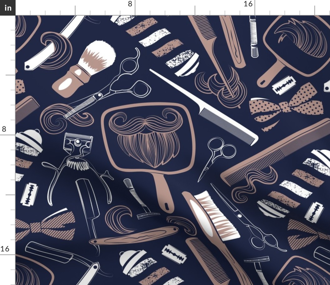Normal scale // Shear shave shine // midnight blue background white and brown vintage barber shop tools
