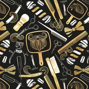 Small scale // Shear shave shine // black background white and gold texture vintage barber shop tools